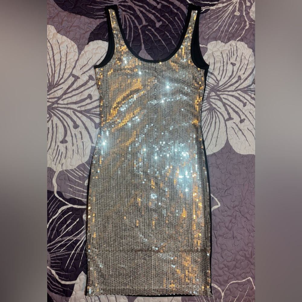 Wet Seal Vintage Y2K Silver Black Bodycon Sequin Mini Dress Women’s Sz Small NWT